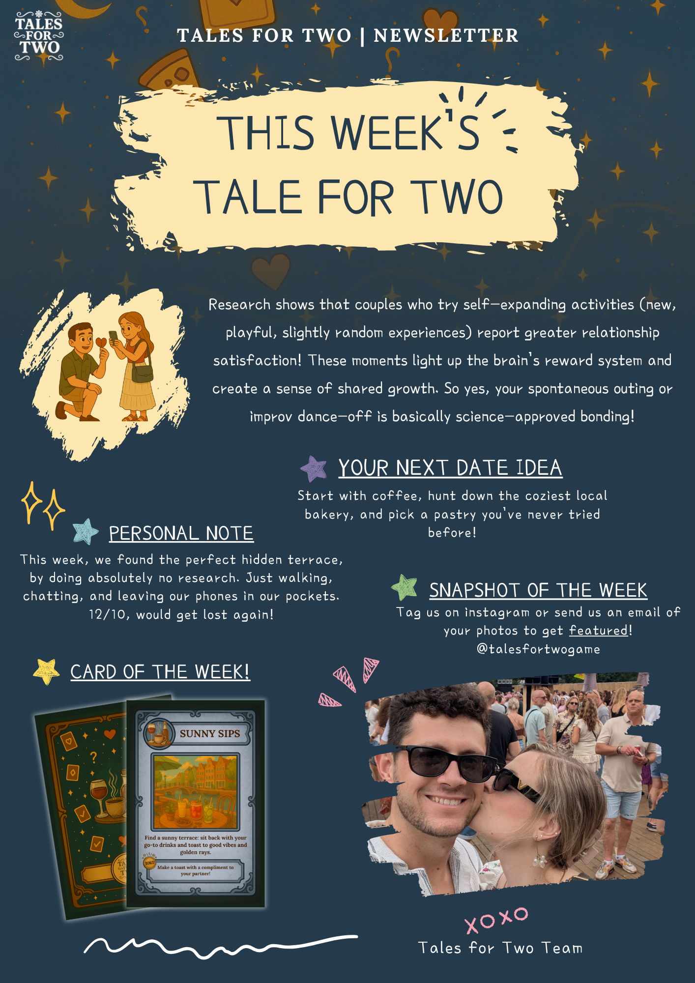 Tales for Two Newsletter Week 1 - Complete newsletter design featuring This Week's Tale for Two, date ideas, personal notes, card of the week, and snapshot of the week