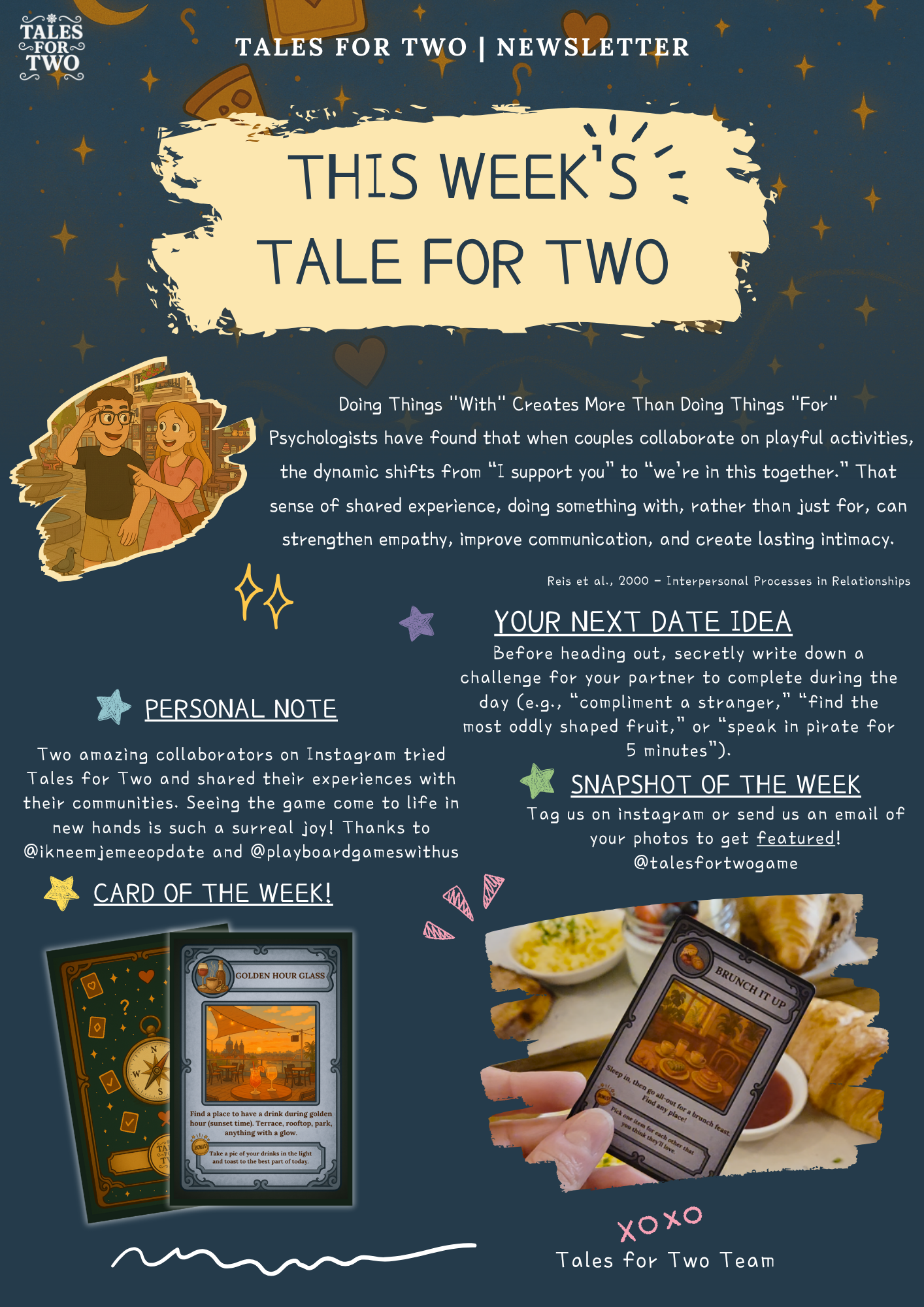 Tales for Two Newsletter Week 10 - Complete newsletter design featuring collaboration psychology, challenge-based date ideas, community collaborations, card of the week, and snapshot of the week