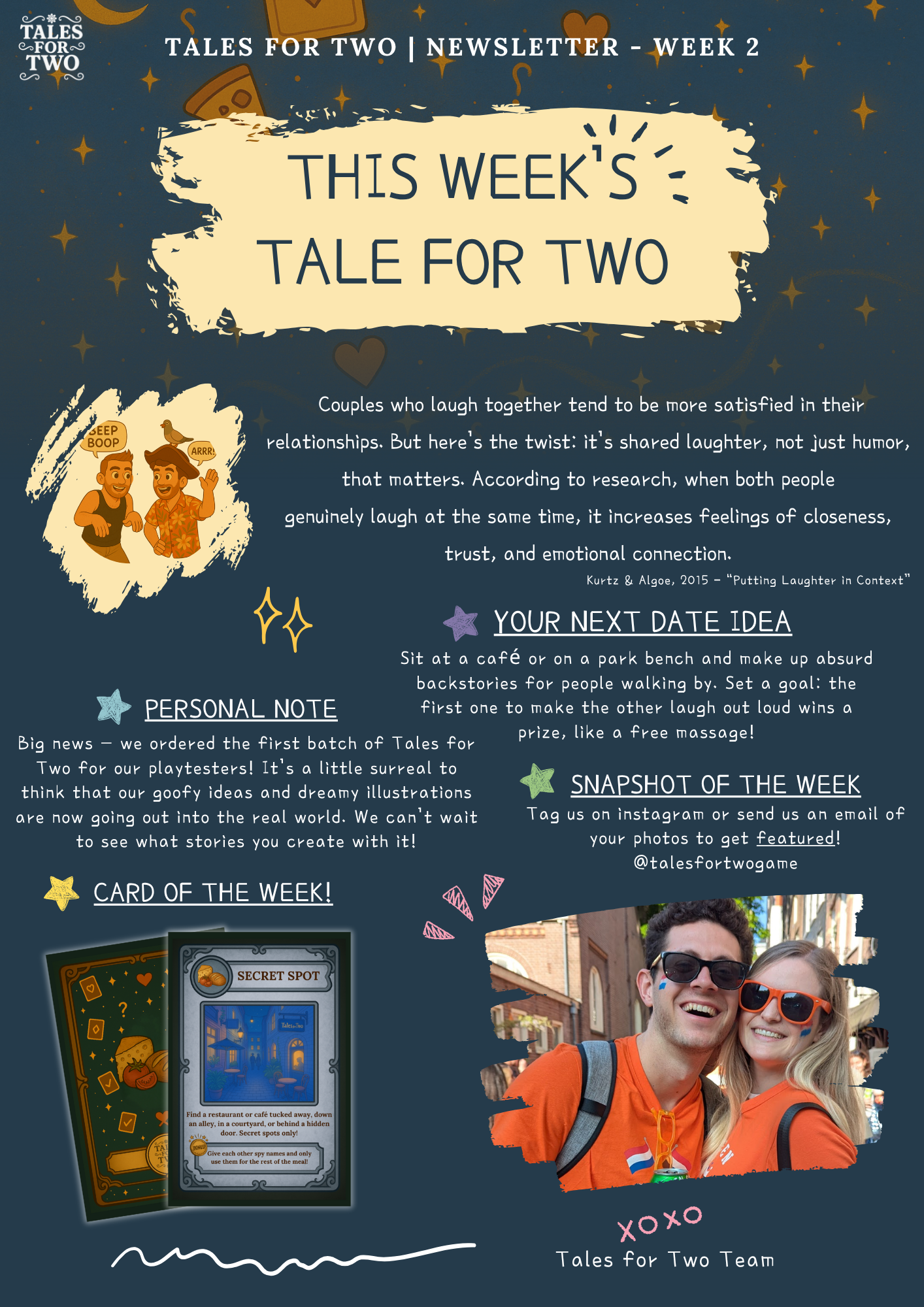 Tales for Two Newsletter Week 2 - Complete newsletter design featuring shared laughter research, date ideas, personal notes about first batch, card of the week, and snapshot of the week