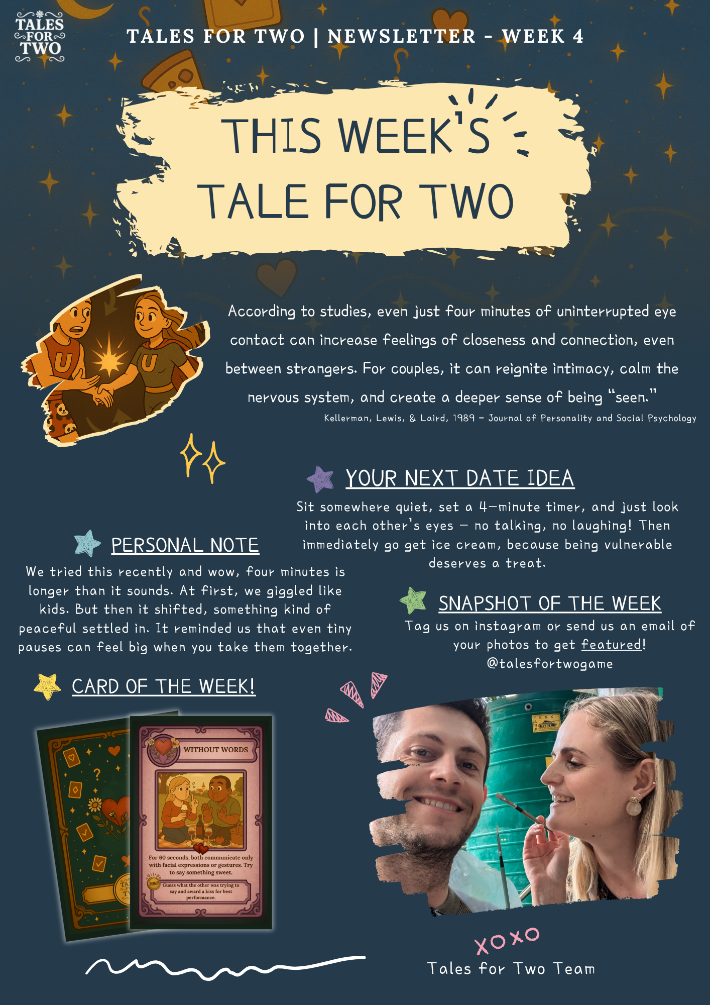 Tales for Two Newsletter Week 4 - Complete newsletter design featuring uninterrupted eye contact research, vulnerable date ideas, personal notes about trying eye contact, card of the week, and snapshot of the week