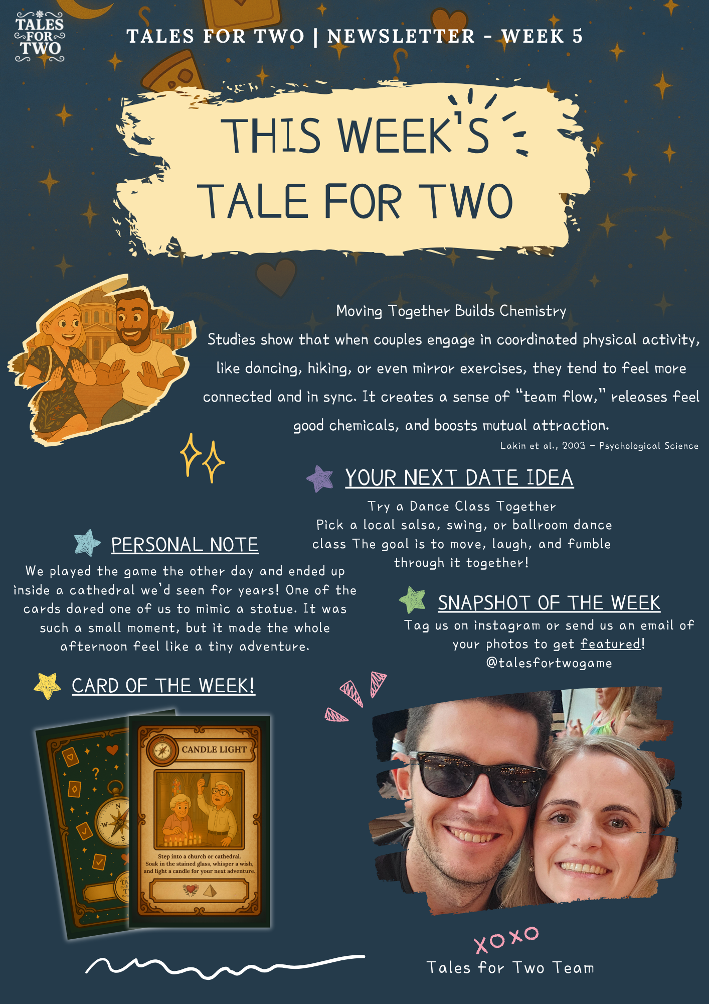 Tales for Two Newsletter Week 5 - Complete newsletter design featuring moving together research, dance class date ideas, cathedral adventure story, card of the week, and snapshot of the week
