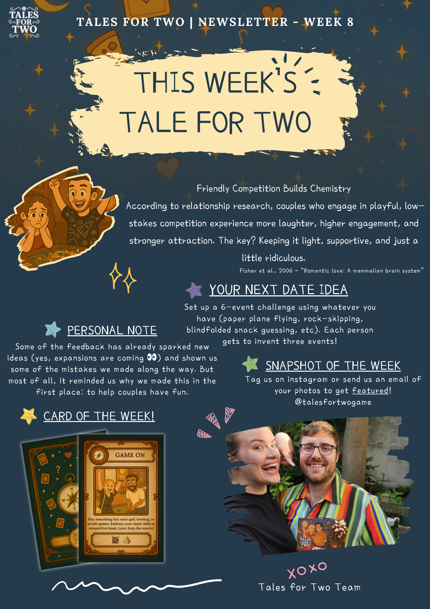 Tales for Two Newsletter Week 8 - Complete newsletter design featuring friendly competition research, 6-event challenge date ideas, personal notes, card of the week, and snapshot of the week