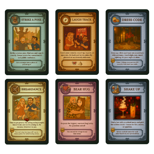 Variety of Tales for Two cards including Strike a Pose, Laugh Track, Dress Code, Breakdance, Bear Hug, and Shake Up