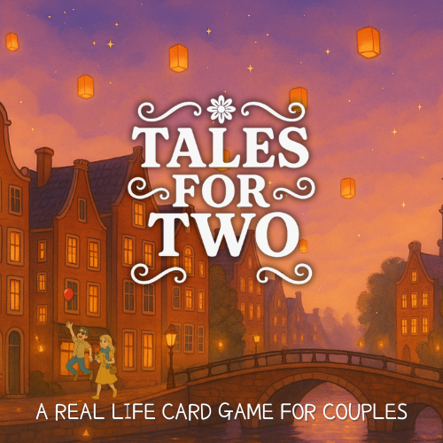 Tales for Two branding - A Real Life Card Game for Couples with beautiful sunset city backdrop